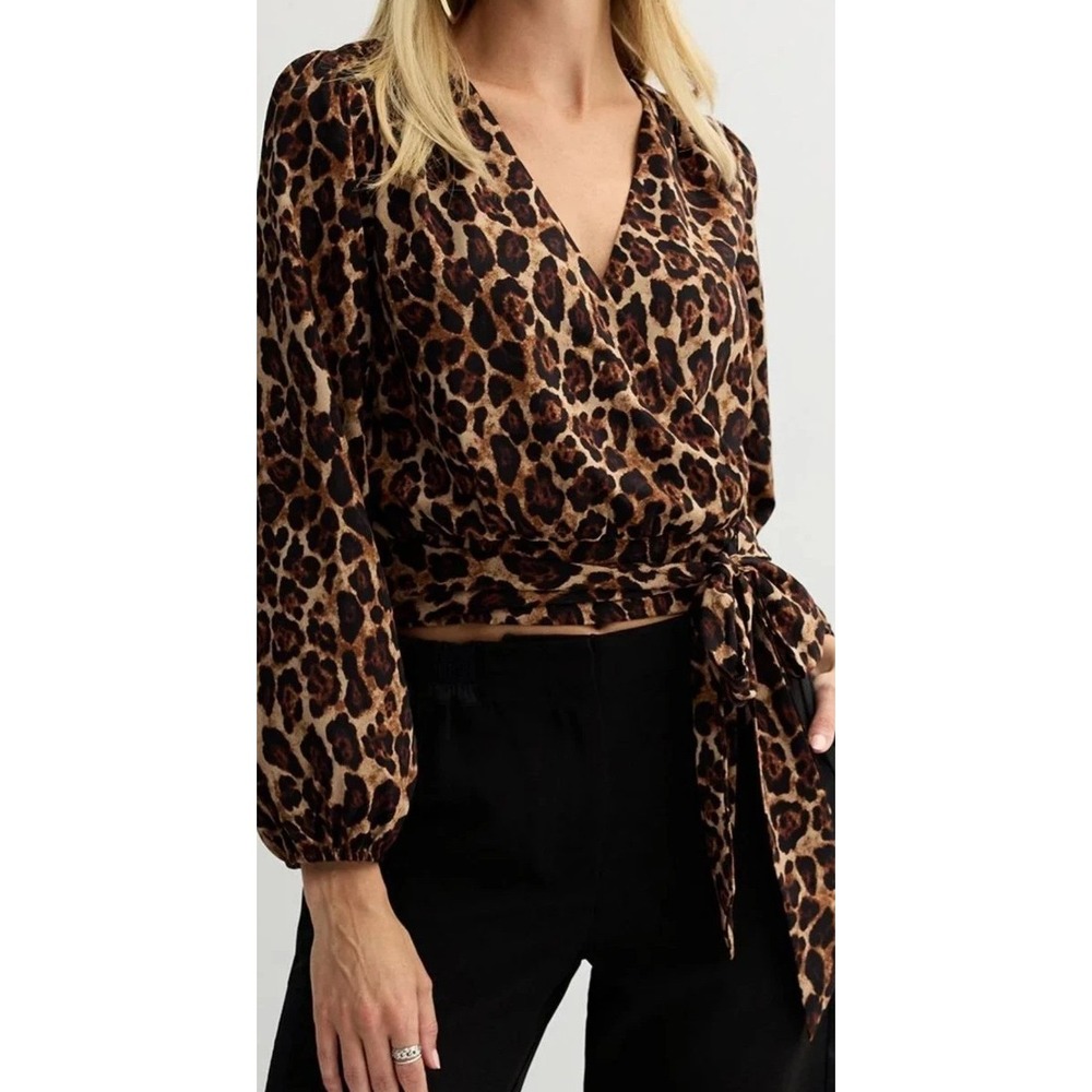 NWT Intempo Leopard Print Surplice Tie Front Top Size S Mob Wife